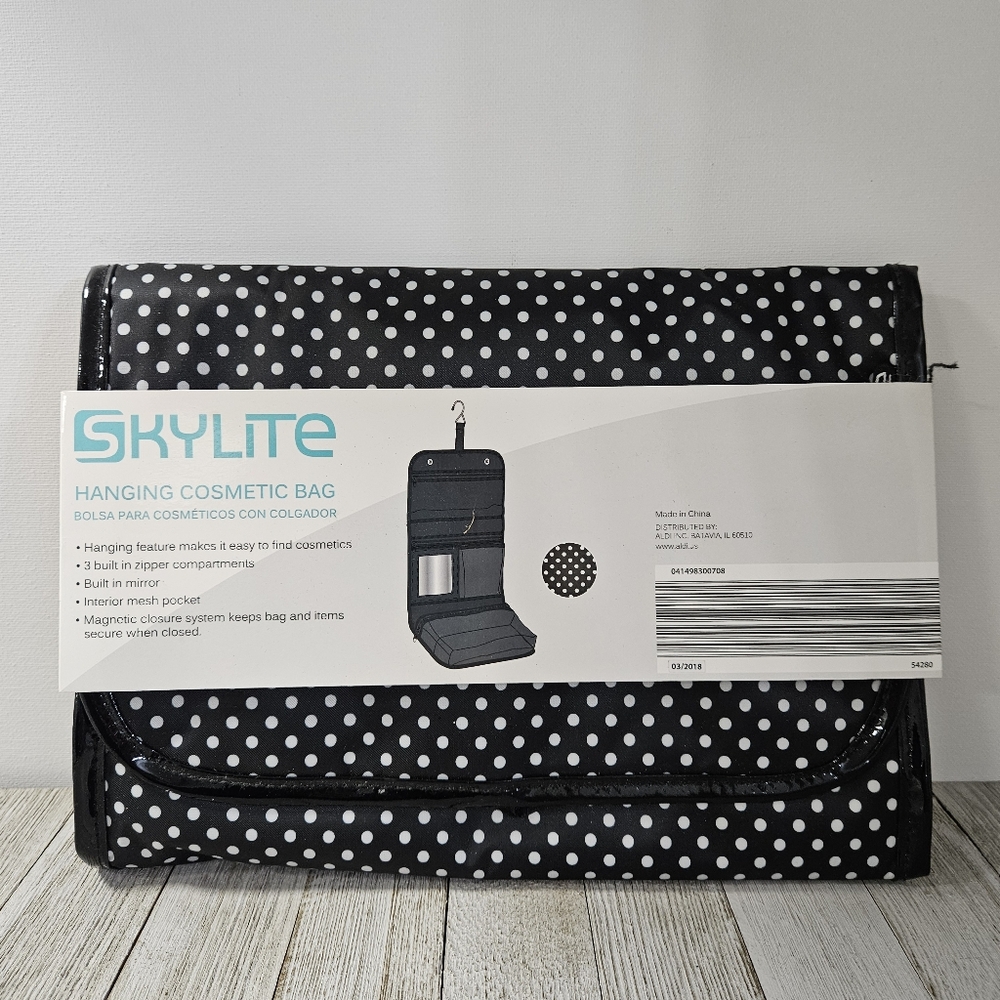 Skylite Hanging Travel Cosmetics Bag Black w/White Polka Dots Pattern Design NWT